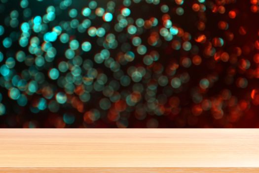 wood plank on colorful bokeh light abstract background, empty wood table floors on abstract bokeh night light multi color background, wood table board empty front colorful bokeh multi color beam light