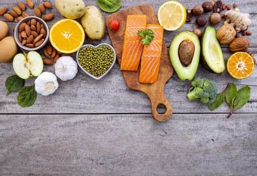 Ingredients for the healthy foods selection on white background. Balanced healthy ingredients of unsaturated fats and fiber for the heart and blood vessels.