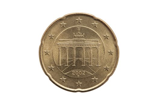 Reverse of a Twenty cent euro coin of Germany dated 2002 showing the Brandenburg Gate in Berlin cut out and isolated on a white background