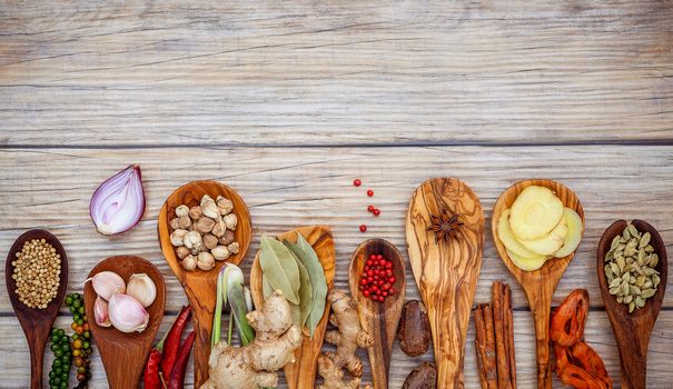 Various of spices and herbs in wooden spoons. Flat lay of spices ingredients chilli ,pepper corn, garlic, thyme, oregano, cinnamon, star anise, nutmeg, mace, sage and parsley on the wooden background.