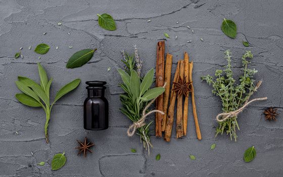 Bottle of essential oil with fresh herbal sage, rosemary, lemon thyme ,thyme ,green mint and peppermint setup with flat lay on dark concrete background.