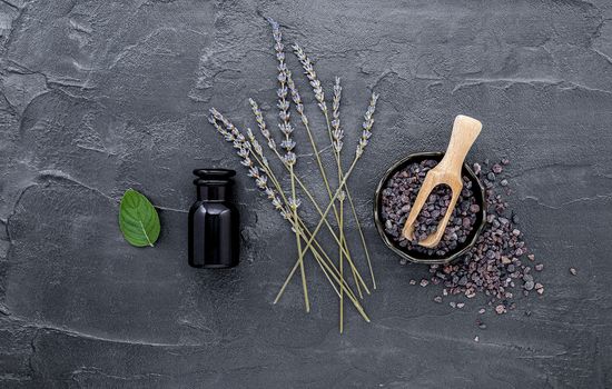 Himalayan black salt and Himalayan pink salt with peppermint and lavender flower on dark concrete background. Himalayan salt commonly used in cooking and for bath products such as bath salts.