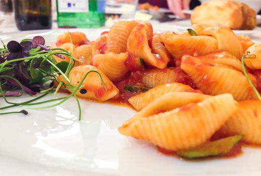 Italian pasta shells with vegetables and tomato sauce. Extreme shallow depth of field.