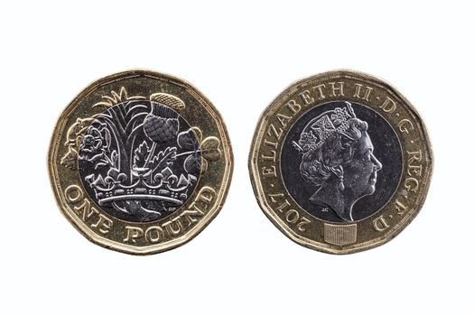 New one pound coin of England UK introduced in 2017 which show emblems of each of the nations cut out and isolated on a white background