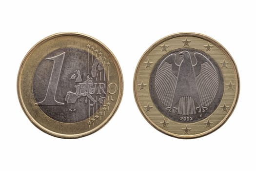 One Euro coin of Germany dated 2002 which shows the German eagle on the reverse cut out and isolated on a white background