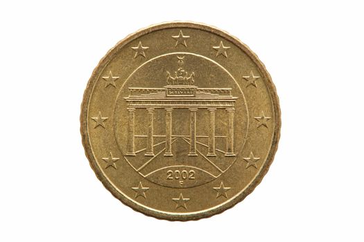 Reverse of a Fifty cent euro coin of Germany dated 2002 showing the Brandenburg Gate cut out and isolated on a white background