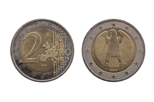 Two Euro coin of Germany dated 2002 which shows the German eagle on the reverse cut out and isolated on a white background