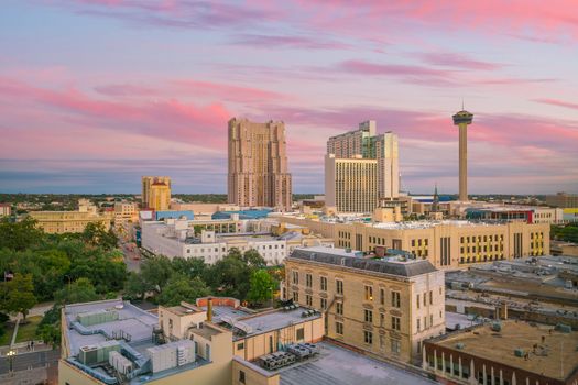 Top view of downtown San Antonio in Texas USA at sunset