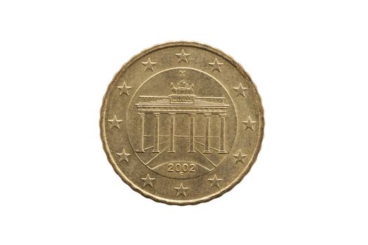 Reverse of a ten cent euro coin of Germany dated 2002 showing the Brandenburg Gate of Berlin cut out and isolated on a white background