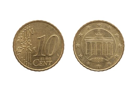 Ten cent euro coin of Germany dated 2002 showing the Brandenburg Gate of Berlin on the reverse cut out and isolated on a white background