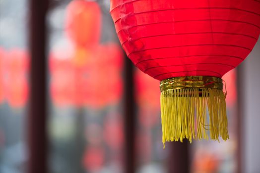 Red chinese lanterns in Baihuatan public park Chengdu China for the Chinese new year celebrations.