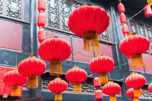 Red chinese lanterns hanging in Jinli Street in Chengdu for the Chinese new year