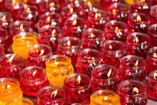 Red and yellow candles in a chinese buddhist temple, Wenshu Monastery, Chengdu, China