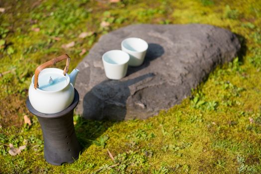 Teapot and two white cup on a rock in the grass, China