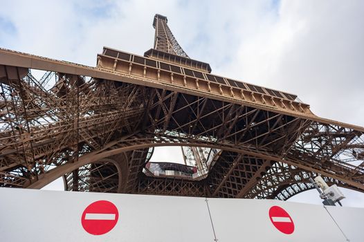 No Entry sign  in front of the Eiffel Tower, Paris, France