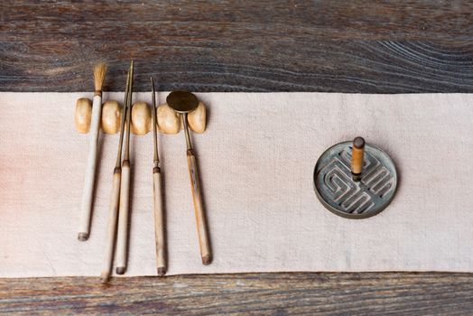 Traditional chinese tools to prepare tea on a wooden table, Chengdu, China