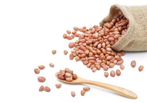 Peanuts raw grains in a sack of on white background