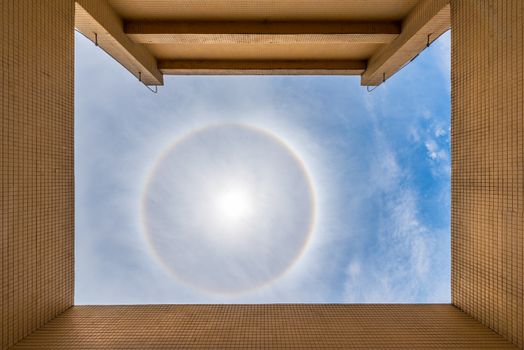 Sun halo 22 degrees in blue sky from a rooftop above chengdu, China