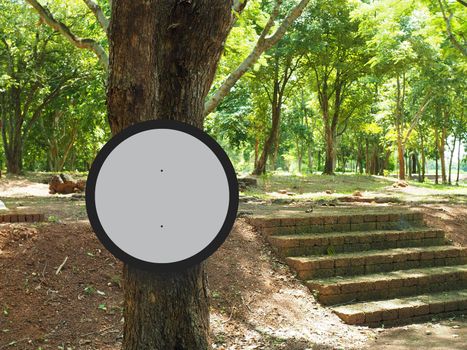 A Blank circle sign on a tree in the Sathana Gardens.