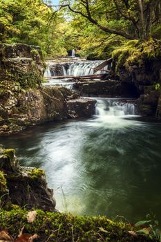Horseshoe Falls waterfall on the Elidir Trail at the Brecon national park Wales UK