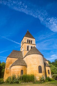 The Romanesque church, classified as a historical monument, in Saint-Leon-sur-Vezere, Dordogne, France