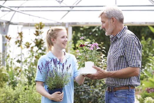 Male Customer Asking Staff For Plant Advice At Garden Center