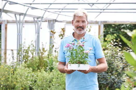Portrait Of Male Employee At Garden Center Holding Plant