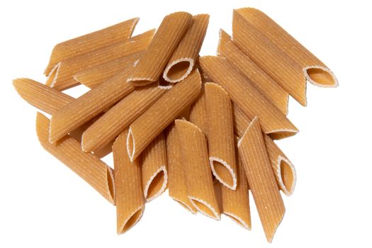 Pasta stack isolated on white. italian wholegrain penne lunch ingredient. healthy eating for vegetarian full of carbohydrate. uncooked grain mediterranean food. Heap of macaroni for healthy lifestyle.