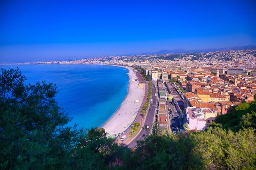 The Promenade des Anglais on the Mediterranean Sea at Nice, France along the French Riviera.