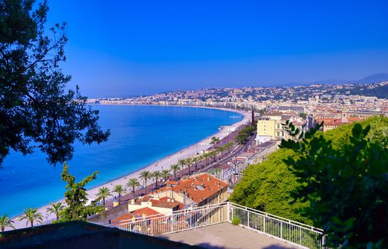 The Promenade des Anglais on the Mediterranean Sea at Nice, France along the French Riviera.