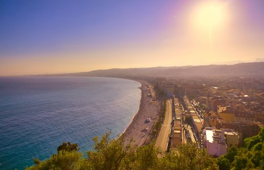 The Promenade des Anglais on the Mediterranean Sea at Nice, France along the French Riviera.