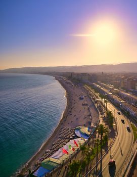 The Promenade des Anglais on the Mediterranean Sea at Nice, France along the French Riviera.