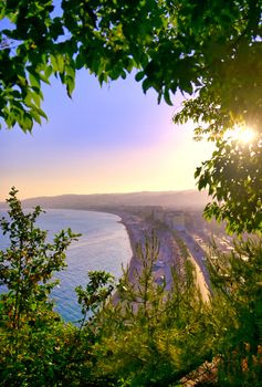 The Promenade des Anglais on the Mediterranean Sea at Nice, France along the French Riviera.