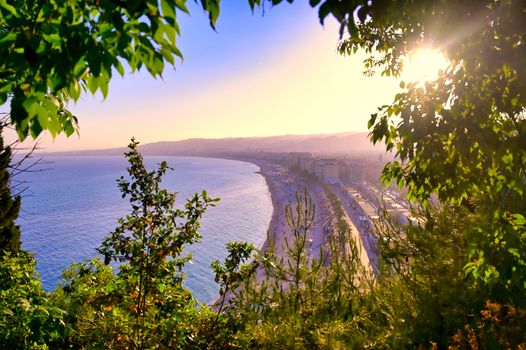 The Promenade des Anglais on the Mediterranean Sea at Nice, France along the French Riviera.