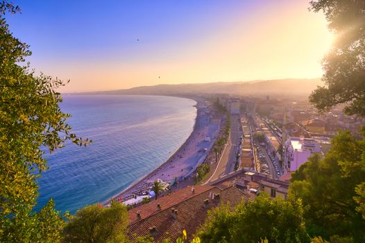 The Promenade des Anglais on the Mediterranean Sea at Nice, France along the French Riviera.