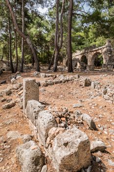 Panorama view of ancient cemetery. Ruins of Phaselis city in North harbour. Famous architectural landmark. Turkey.