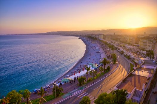 The Promenade des Anglais on the Mediterranean Sea at Nice, France along the French Riviera.