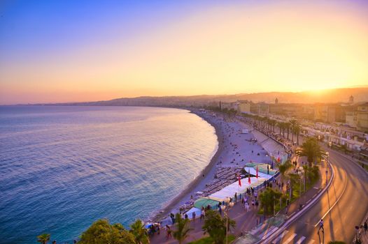 The Promenade des Anglais on the Mediterranean Sea at Nice, France along the French Riviera.