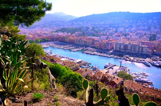 An aerial view of the Port of Nice on the Mediterranean Sea at Nice, France along the French Riviera.