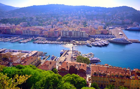 An aerial view of the Port of Nice on the Mediterranean Sea at Nice, France along the French Riviera.