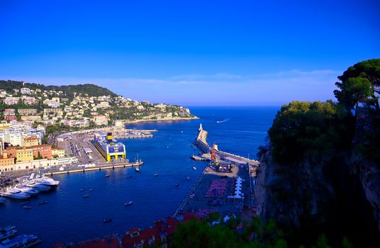 An aerial view of the Port of Nice on the Mediterranean Sea at Nice, France along the French Riviera.