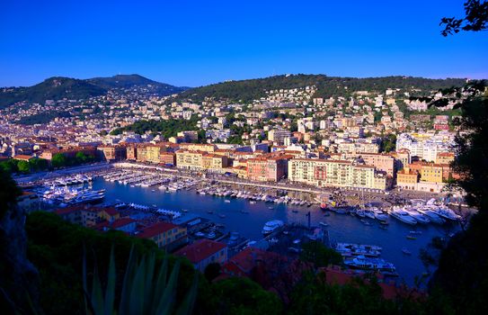 An aerial view of the Port of Nice on the Mediterranean Sea at Nice, France along the French Riviera.