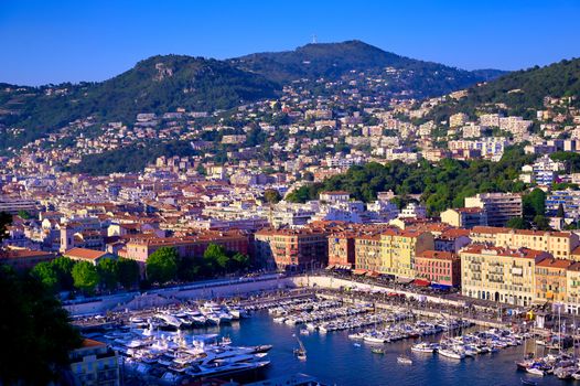 An aerial view of the Port of Nice on the Mediterranean Sea at Nice, France along the French Riviera.