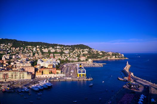 An aerial view of the Port of Nice on the Mediterranean Sea at Nice, France along the French Riviera.