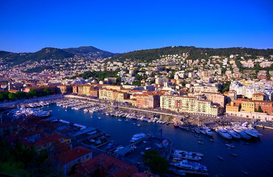 An aerial view of the Port of Nice on the Mediterranean Sea at Nice, France along the French Riviera.