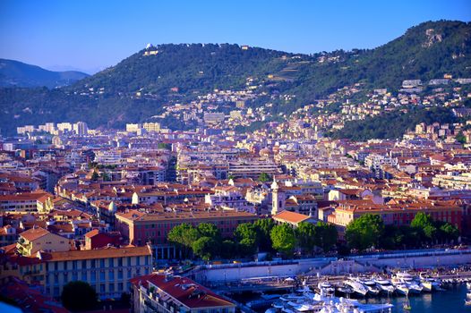 An aerial view of the Port of Nice on the Mediterranean Sea at Nice, France along the French Riviera.