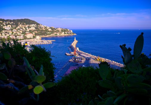 An aerial view of the Port of Nice on the Mediterranean Sea at Nice, France along the French Riviera.