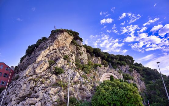 The coastline on the Mediterranean Sea at Nice, France along the French Riviera.