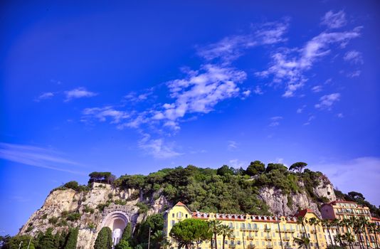 The coastline on the Mediterranean Sea at Nice, France along the French Riviera.