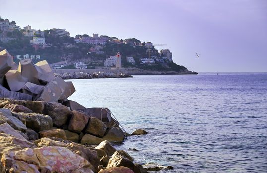 The coastline on the Mediterranean Sea at Nice, France along the French Riviera.